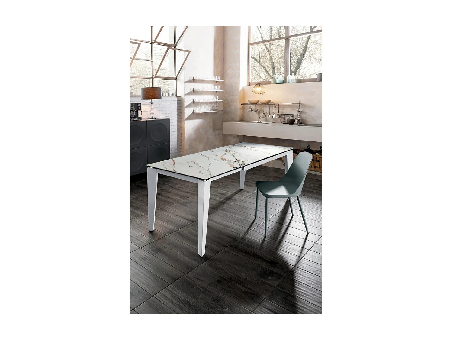 Mesa extensível de 120cm a 170cm moderna Tampo Cerâmico em Vidro Temperado Calacatta Mármore Borghini