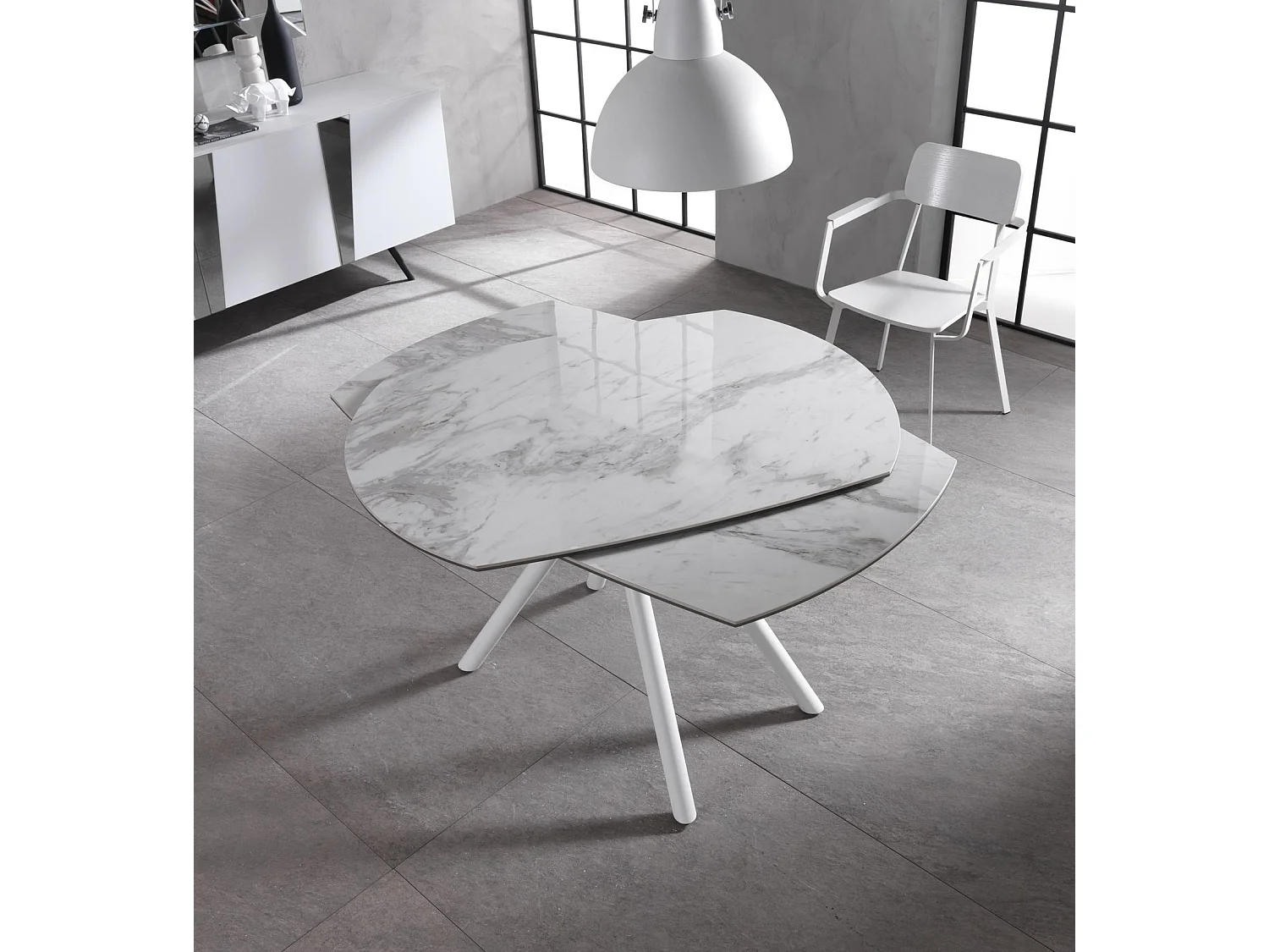 Mesa Extensível Kyoto Four em Mármore Branco Vidro Temperado até 180cm