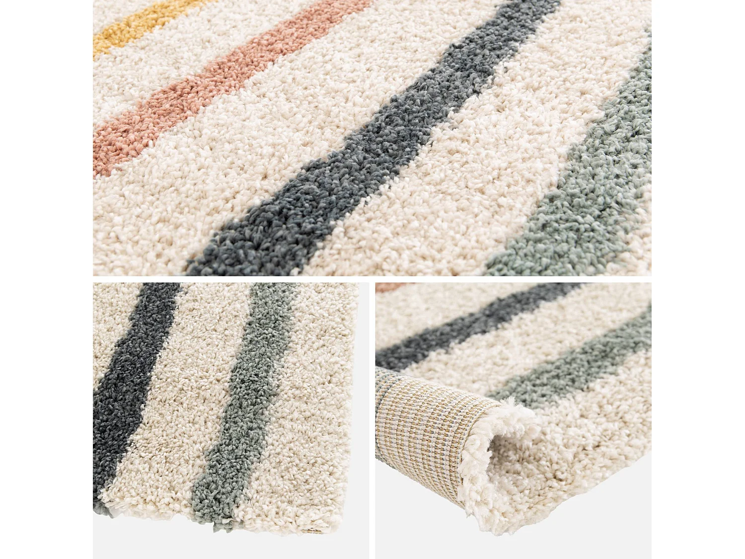 Tapis enfant arc-en-ciel 80x150cm. tapis intérieur crème et multicolore. poils longs shaggy