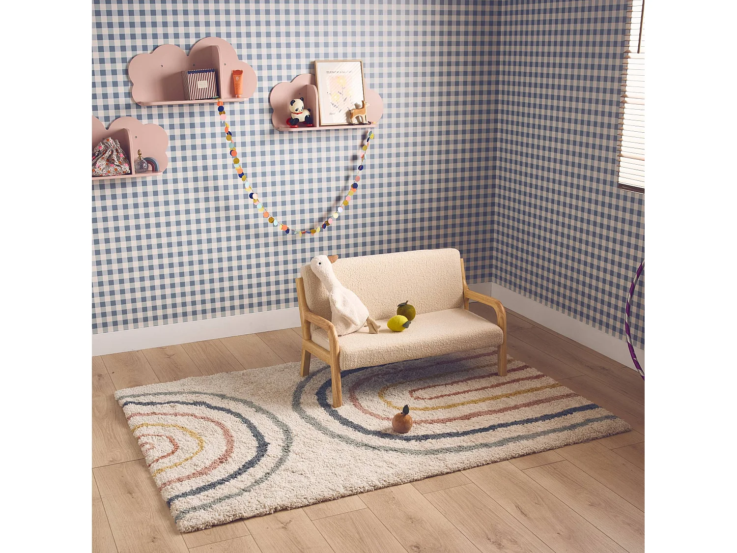 Alfombra infantil rainbow, interior crema y multicolor