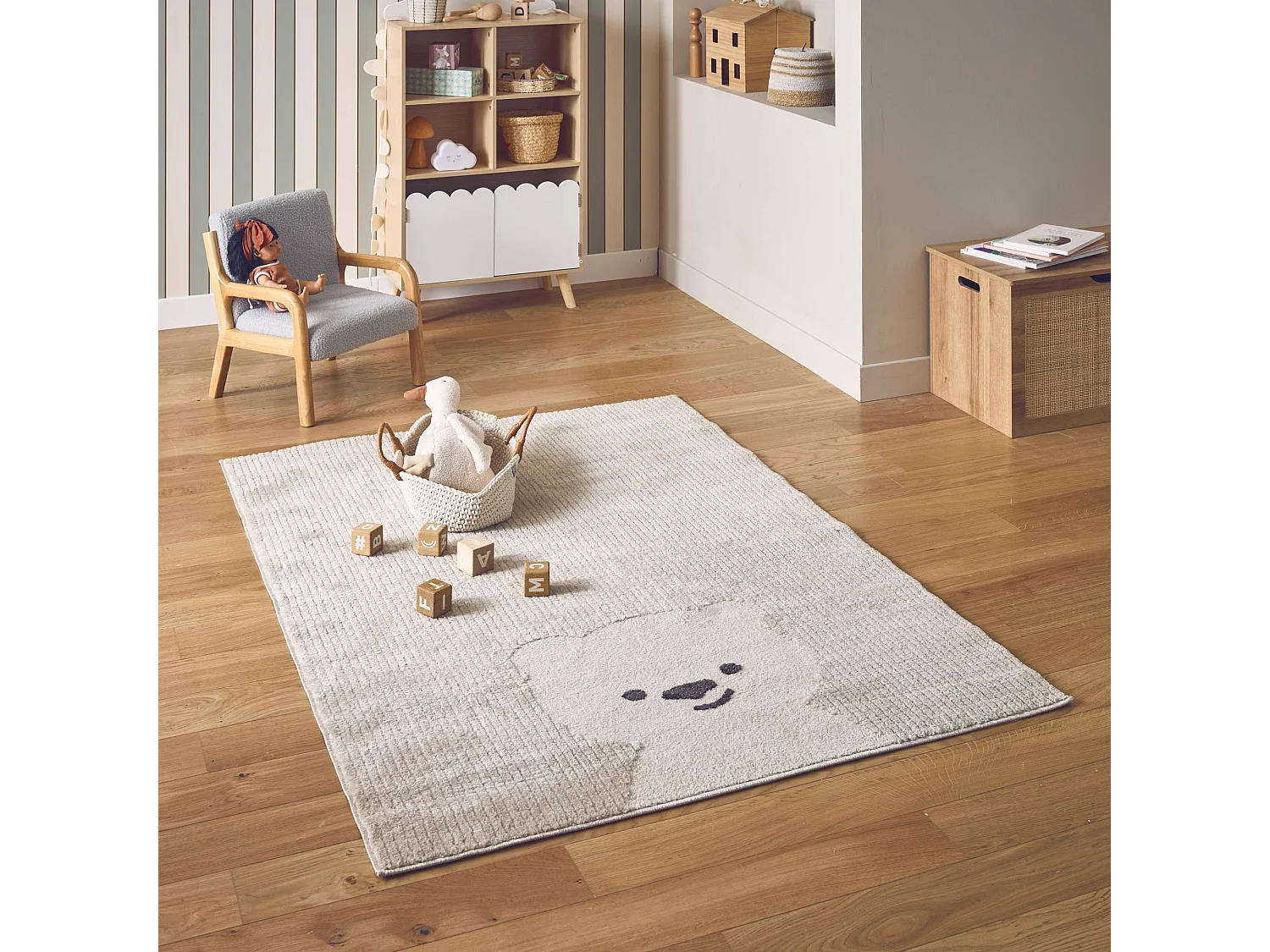 Tapis enfant 80 x 150cm Beige / Crème. petit ourson. poils ras. tapis frisé très doux