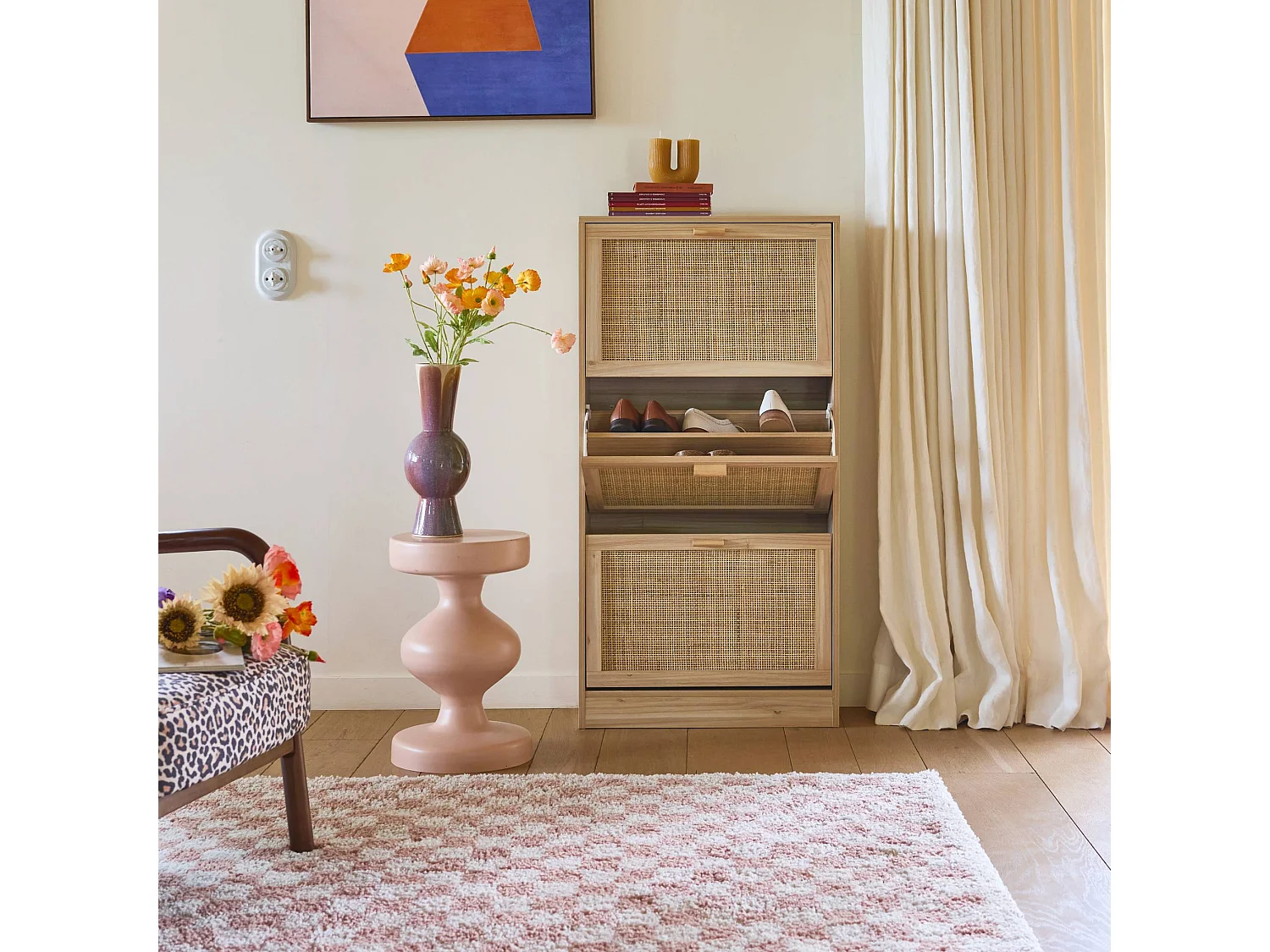 Tapis intérieur shaggy poils longs 160x230cm damier vieux rose et crème