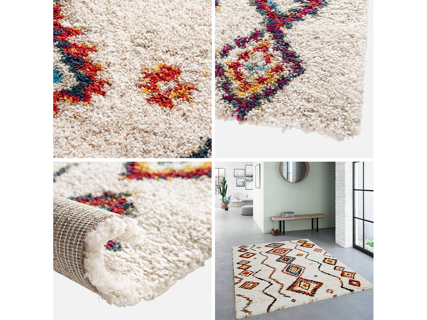 Tapis intérieur shaggy. style berbère. poils longs. crème et multicolore 200 x 290cm