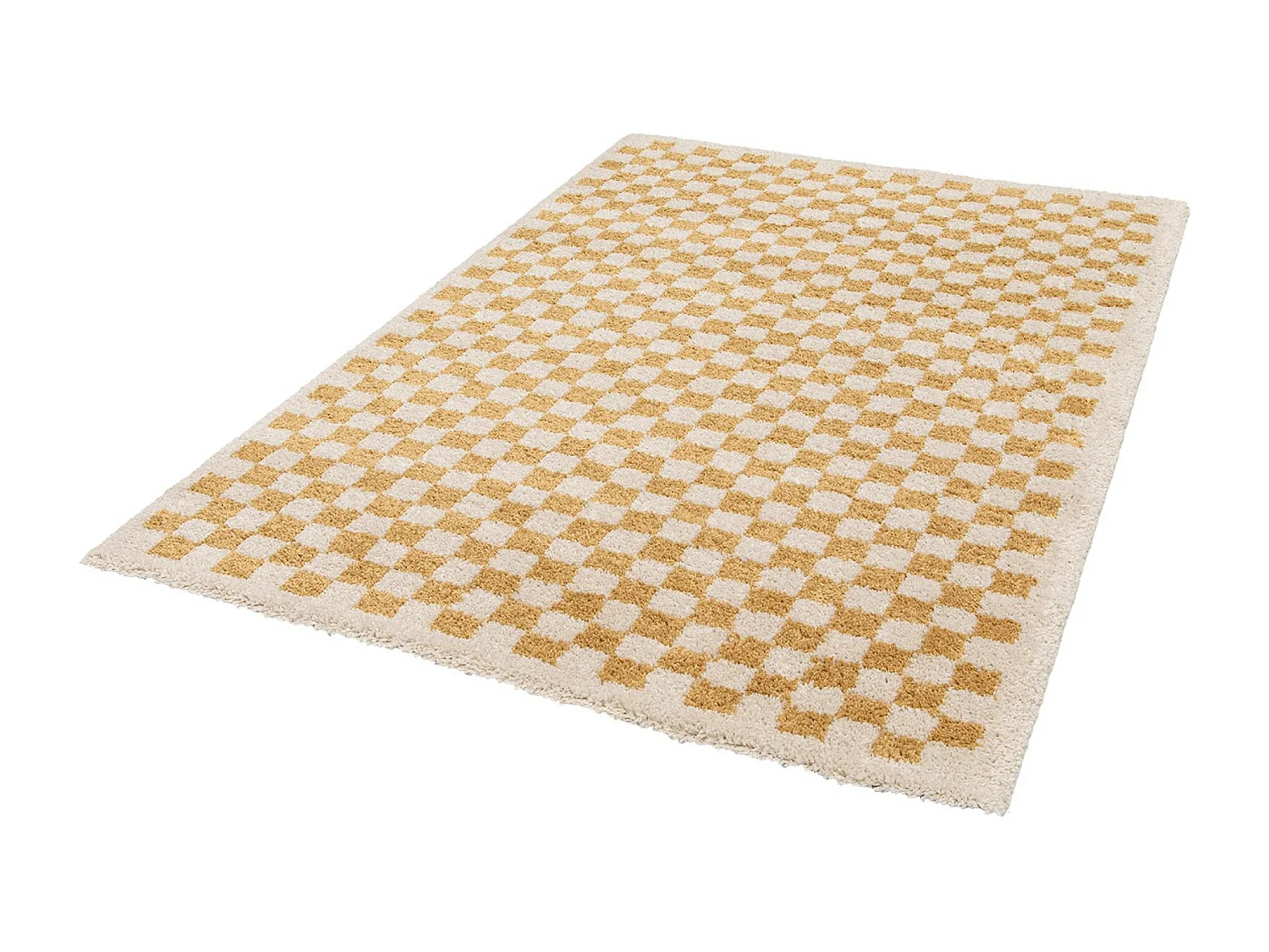 Tappeto interno a scacchiera shaggy in giallo senape e crema