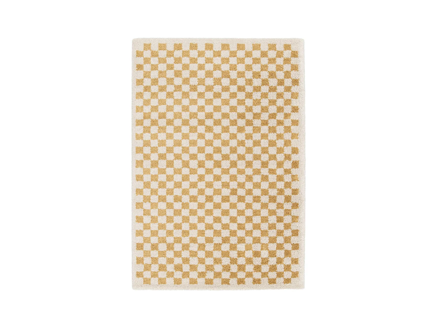 Tapis intérieur shaggy poils longs 160x230cm damier jaune moutarde et crème