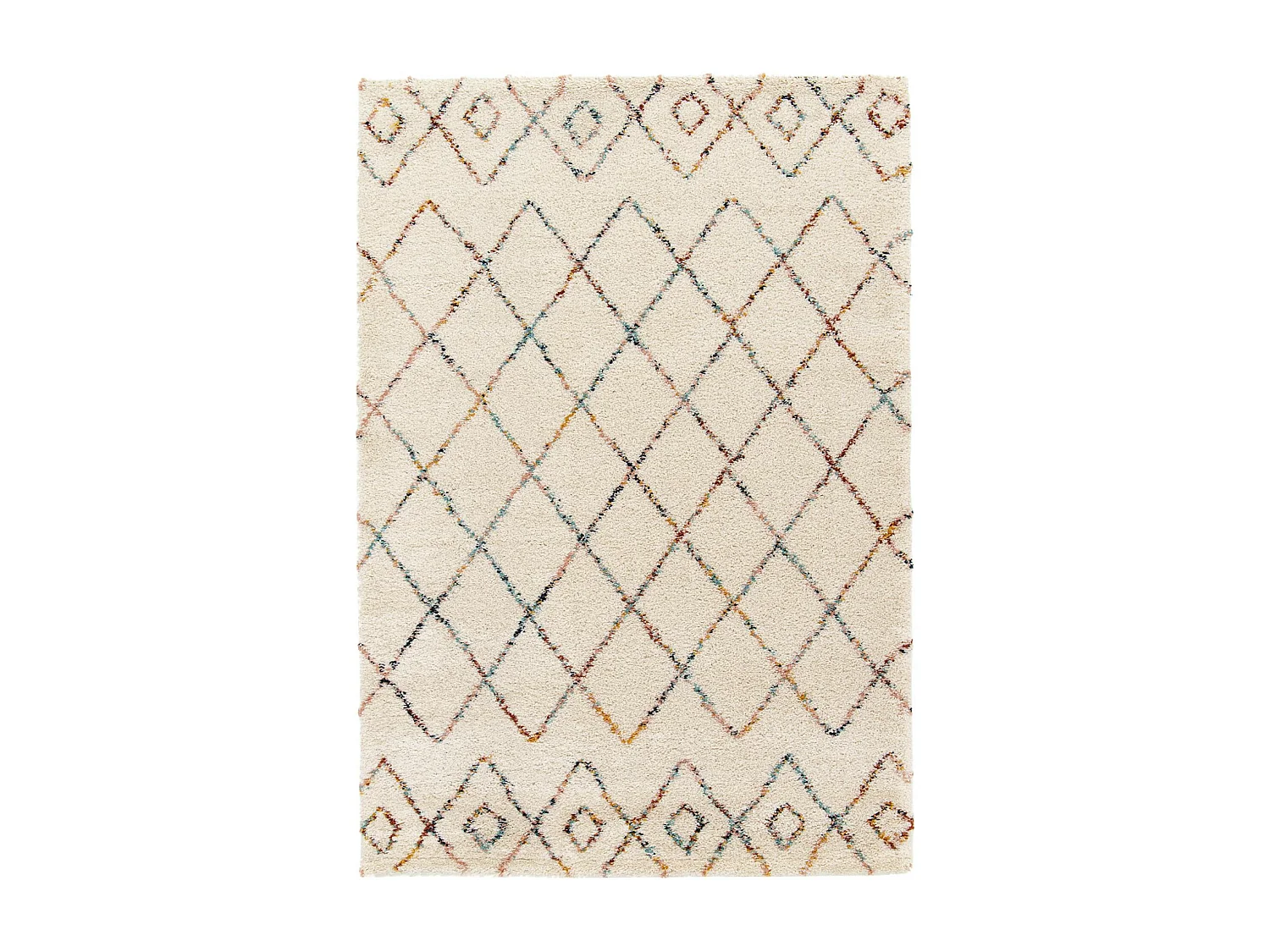 Tapis intérieur shaggy 200 x 290cm poils longs. style berbère. crème et multicolore