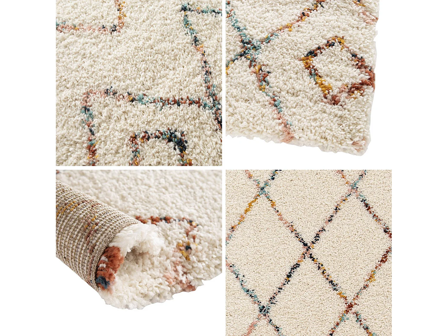 Tappeto shaggy per interni, stile berbero, crema e multicolore