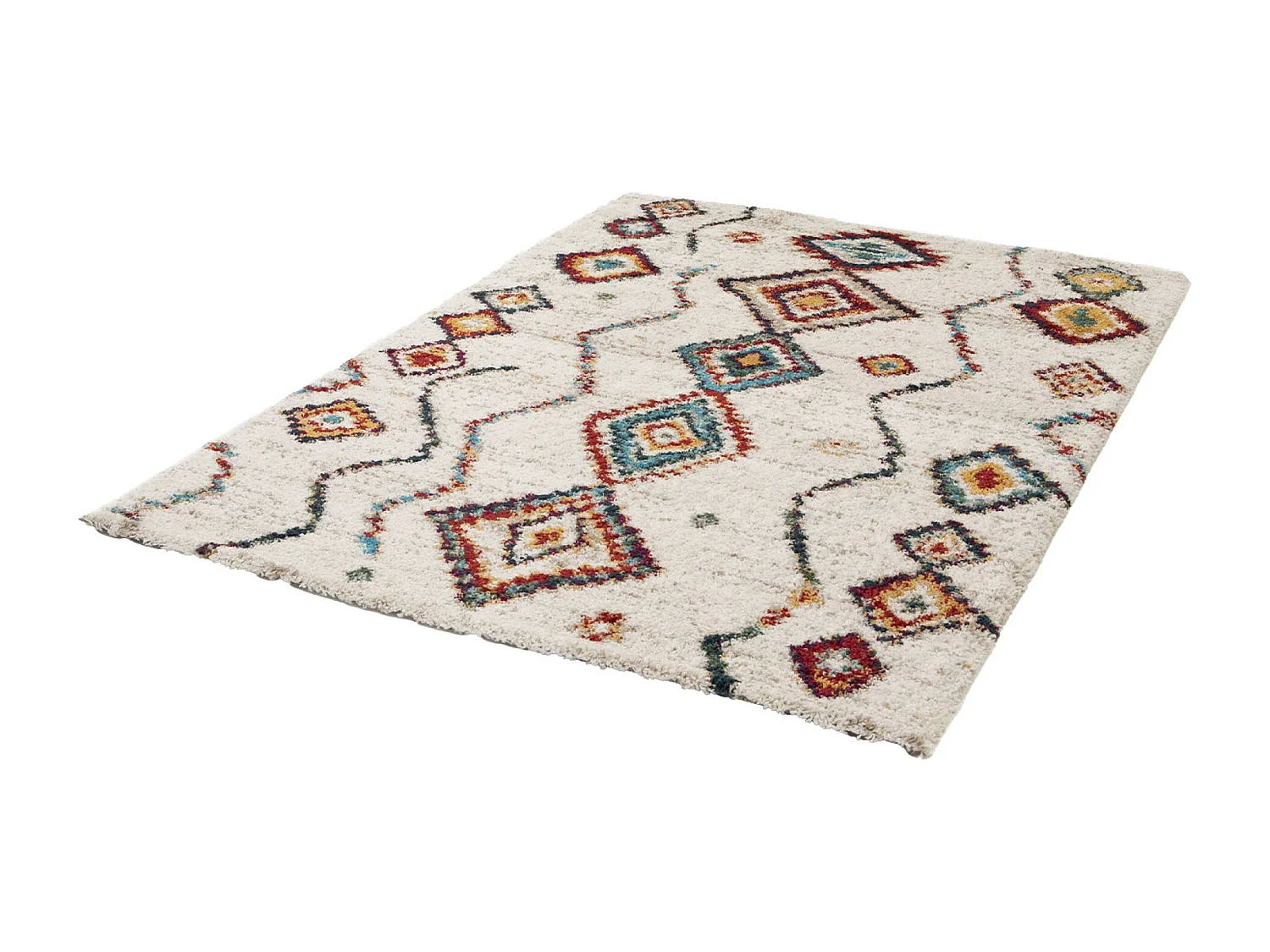 Tappeto shaggy per interni, stile berbero, crema e multicolore