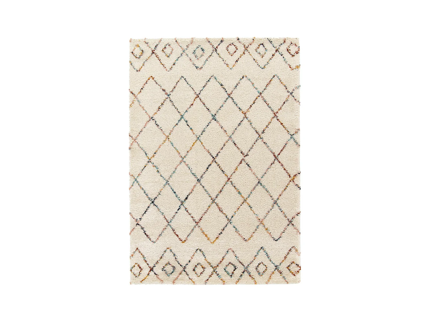 Tapis intérieur shaggy 80 x 150cm poils longs. style berbère. crème et multicolore