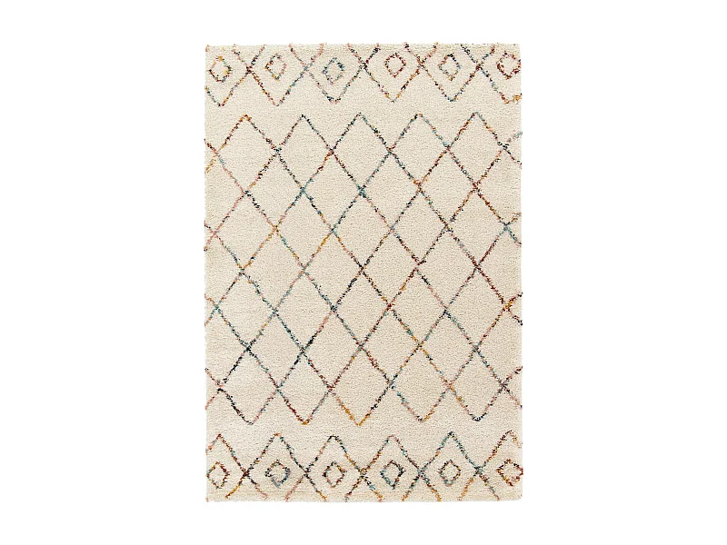 Tapis intérieur shaggy 80 x 150cm poils longs. style berbère. crème et multicolore