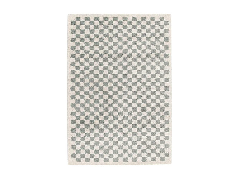 Tapis intérieur shaggy poils longs 80x150cm damier bleu clair et crème
