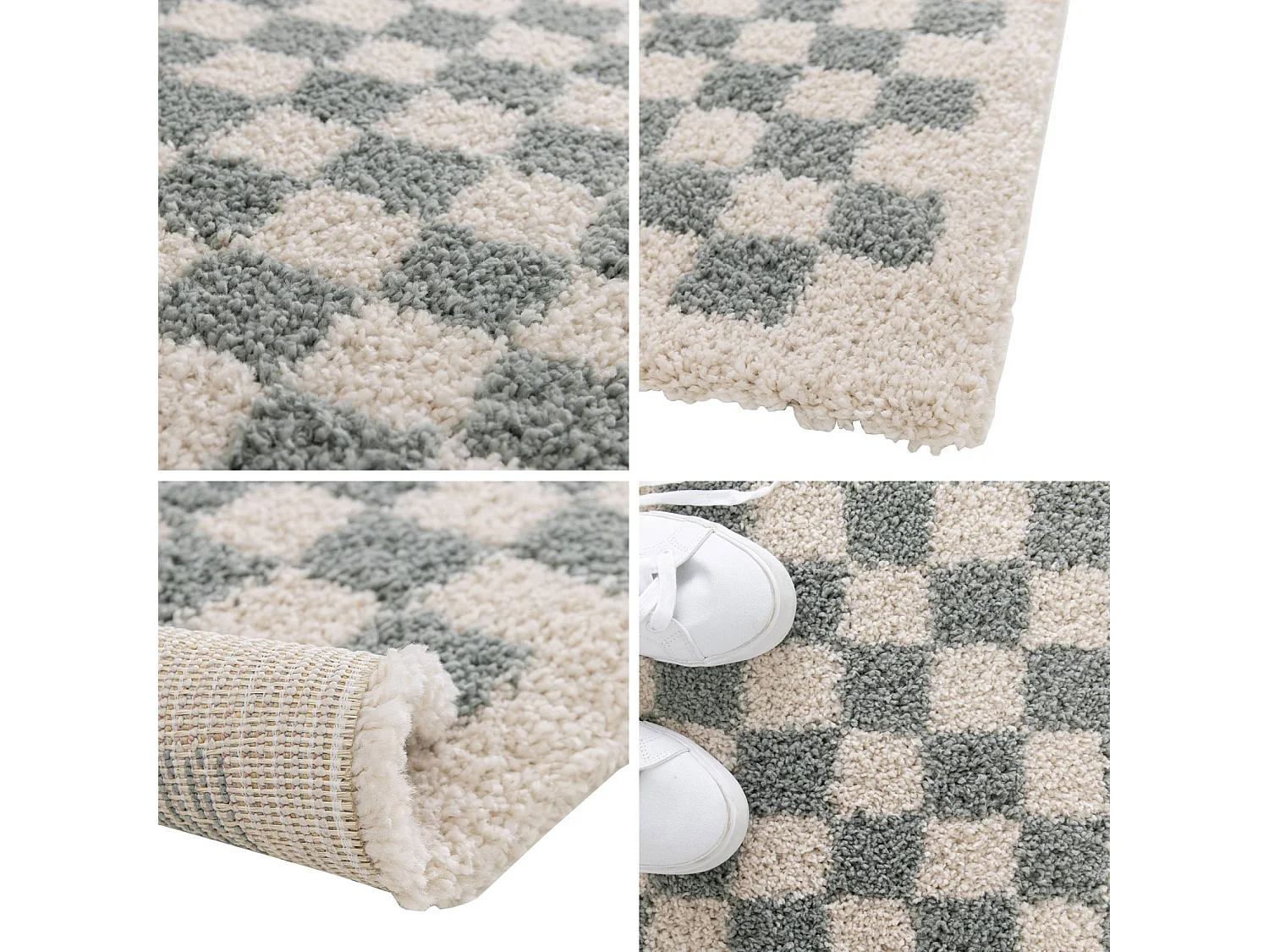 Tapis intérieur shaggy poils longs 80x150cm damier bleu clair et crème