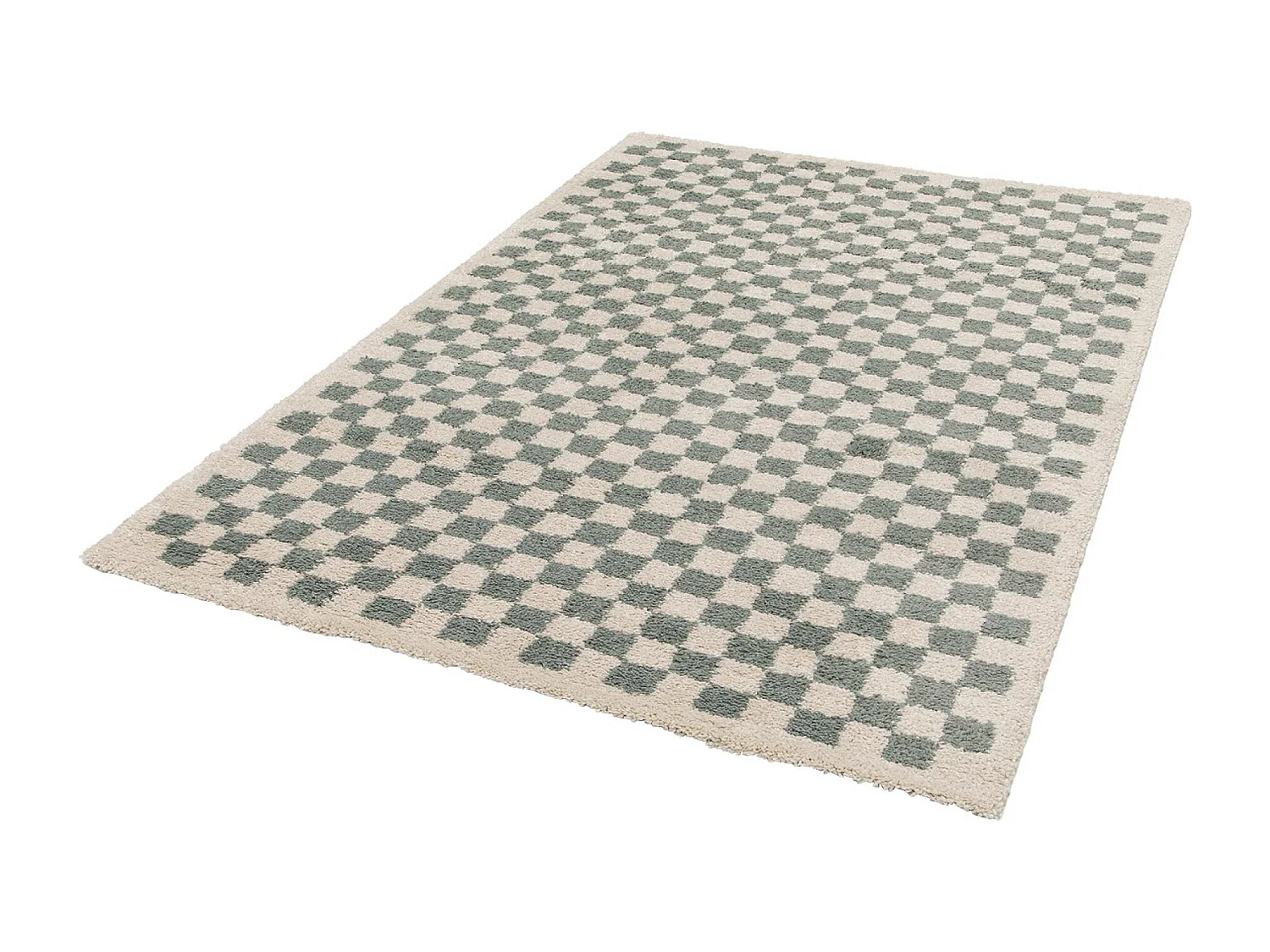 Tapis intérieur shaggy poils longs 80x150cm damier bleu clair et crème
