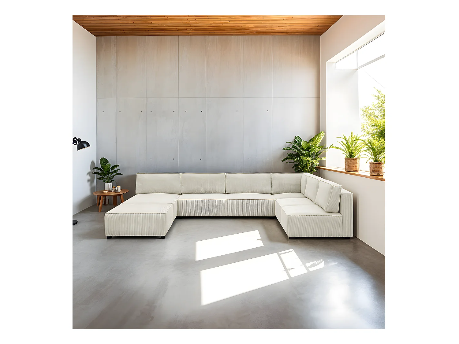 Canapé d'angle à droite panoramique modulable convertible 10 places avec pouf en velours côtelé beige - Harper Mod