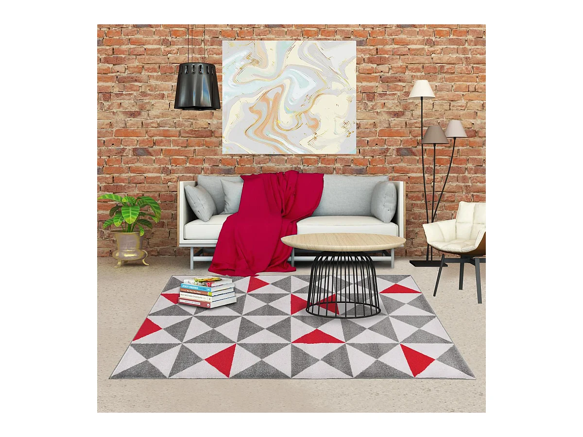 tapis couloir 60x110 tissé rouge et gris rectangle motif scandinave TRIANGAM