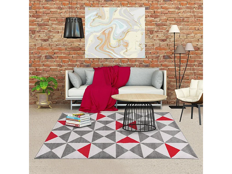 tapis couloir 60x110 tissé rouge et gris rectangle motif scandinave TRIANGAM