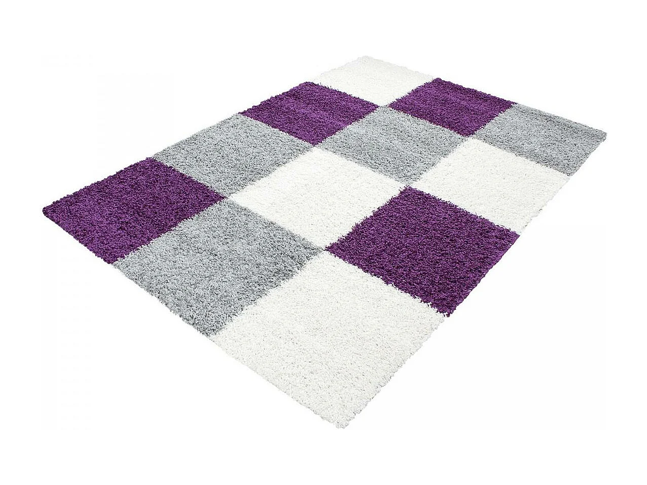 Tapis poils longs shaggy 60x110 rectangle tissé violet et gris motif damier