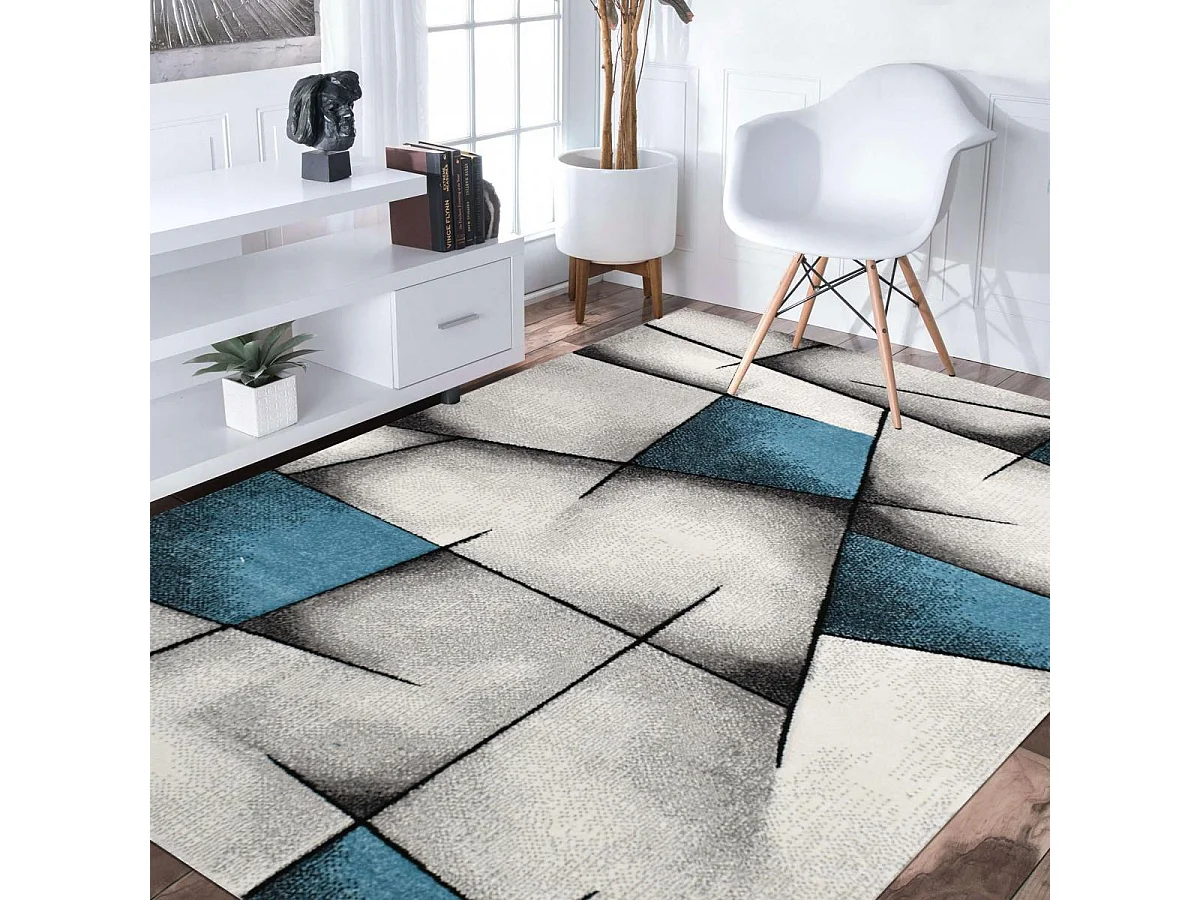 tapis salon 120x170 tissé turquoise rectangle motif géométrique PAR 3D
