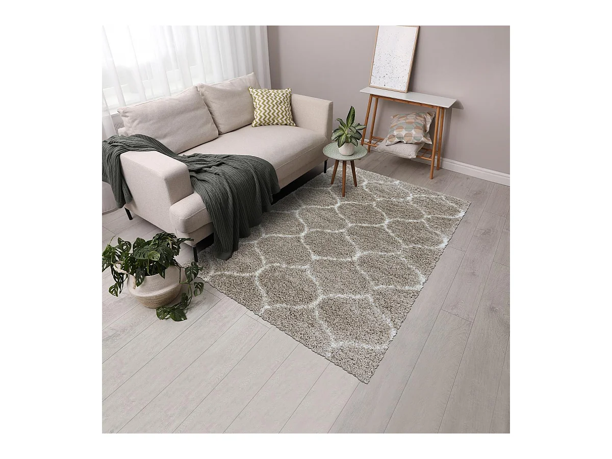 Tapis shaggy 140x200 rectangle tissé beige et crème motif scandinave