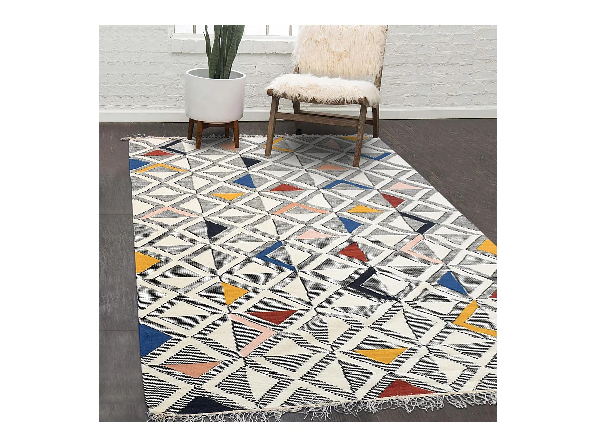 Tapis kilim 160x230 rectangle fait à la main en laine gris et blanc