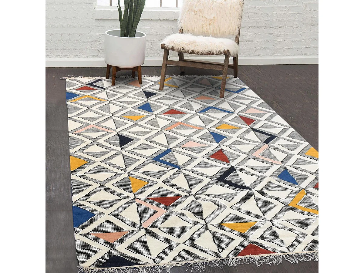 Tapis kilim 160x230 rectangle fait à la main en laine gris et blanc
