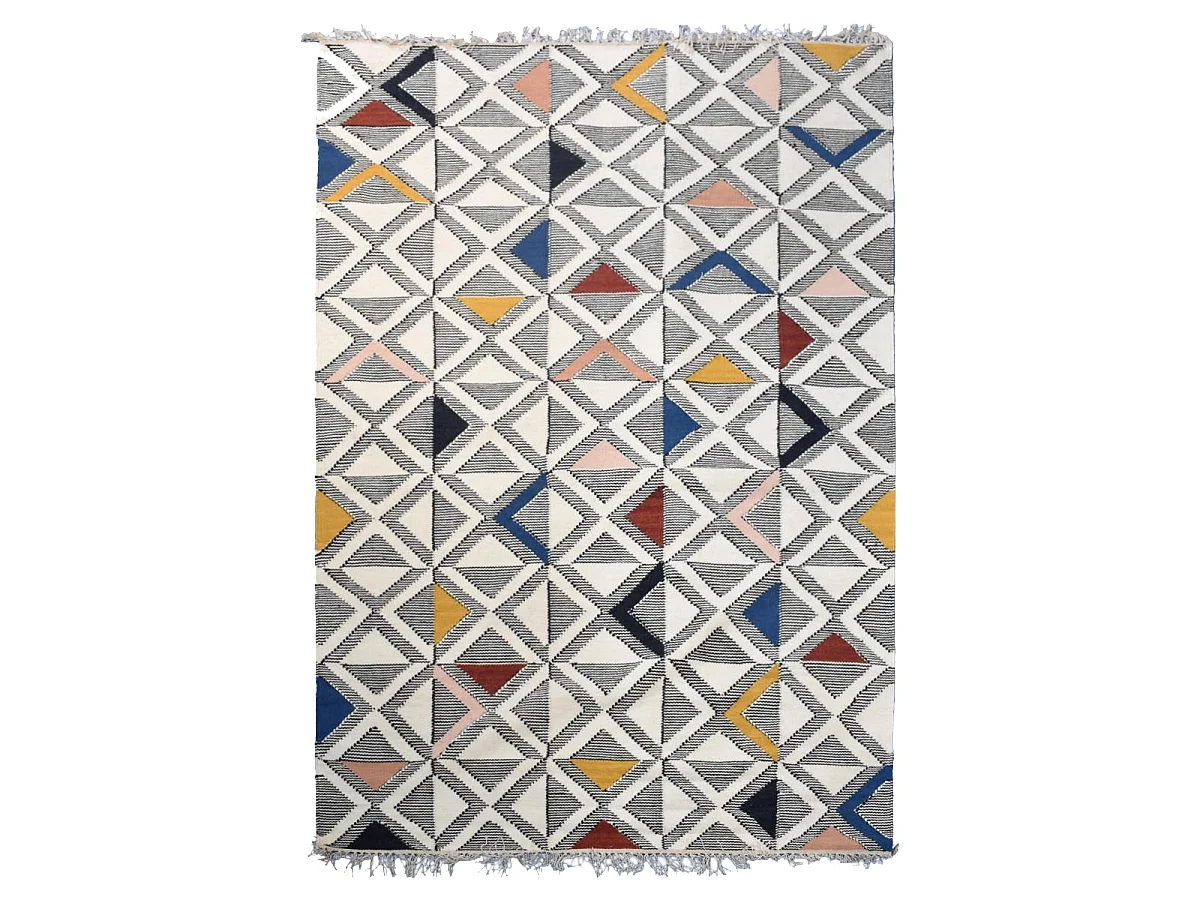 Tapis kilim 160x230 rectangle fait à la main en laine gris et blanc