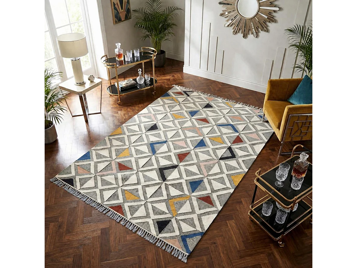 Tapis kilim 160x230 rectangle fait à la main en laine gris et blanc