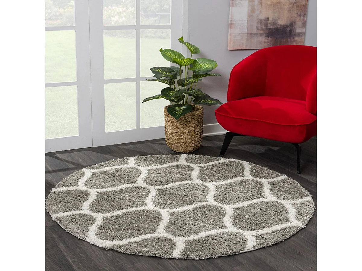 Tapis longs poils shaggy Ø120cm rond tissé gris motif scandinave SG MADRID