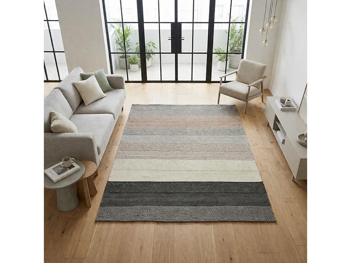 Tapis kilim 120x170 rectangle fait à la main en laine beige et bleu