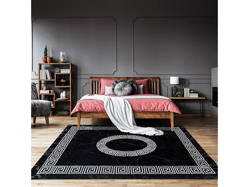 Tapis de couloir 80x300 tissé motif baroque SAPURI noir et blanc