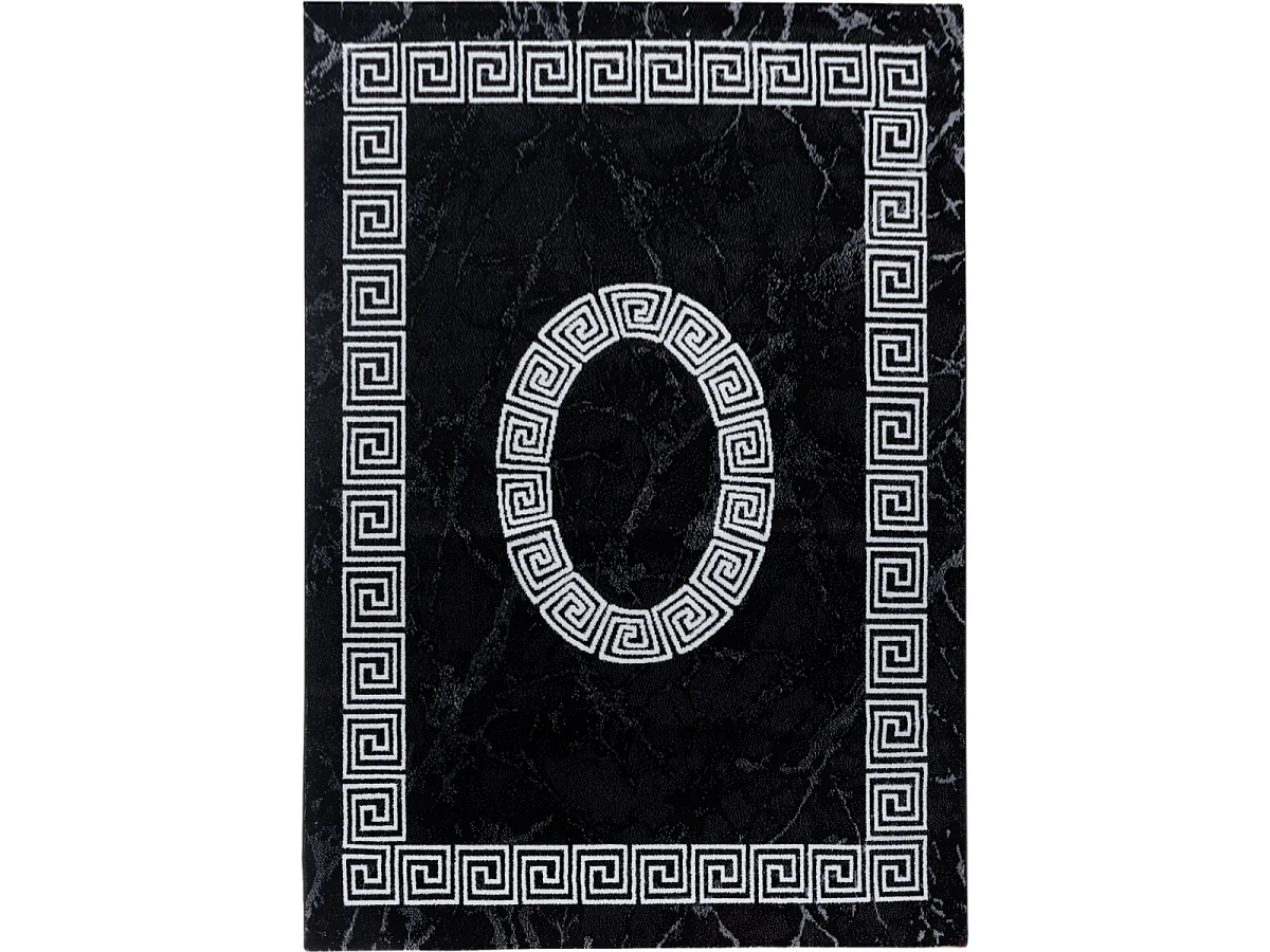 Tapis de couloir 80x300 tissé motif baroque SAPURI noir et blanc