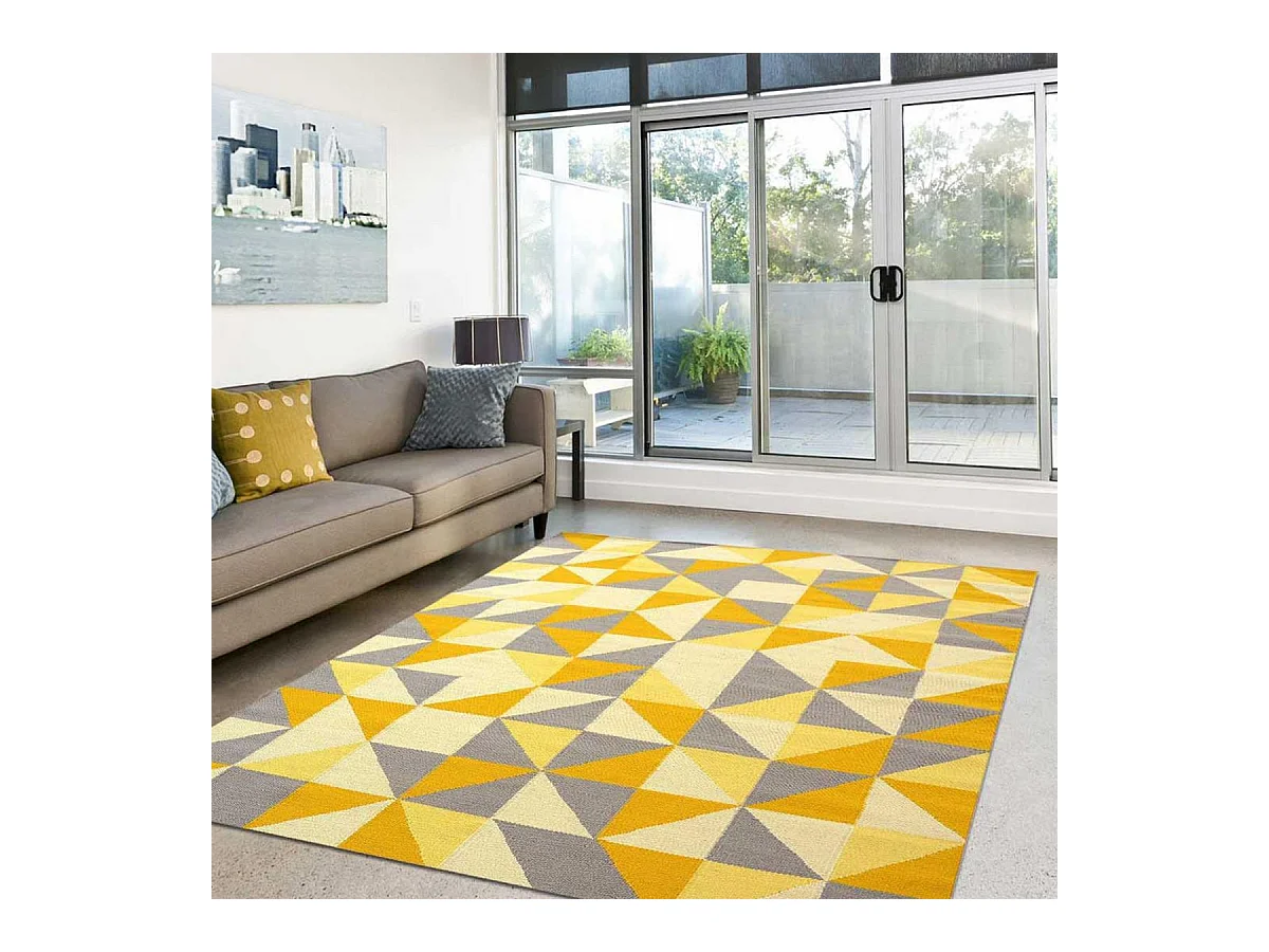 Tapis kilim 80x150 rectangle fait main en laine jaune motif géométrique