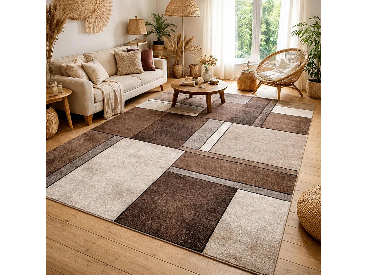 tapis grand salon 280x380 tissé beige rectangle motif géométrique LYN8 GEOME