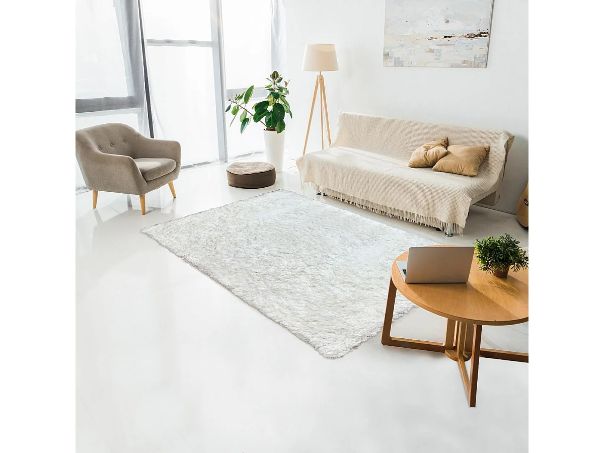 Tapis longs poils shaggy 120x170 rectangle fait à la main crème motif uni