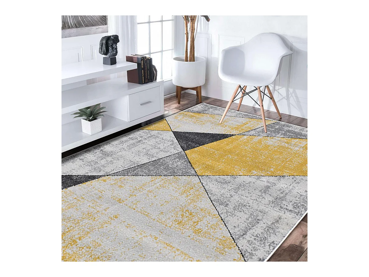 tapis entrée 80x150 tissé jaune et gris rectangle motif géométrique ROSALINE