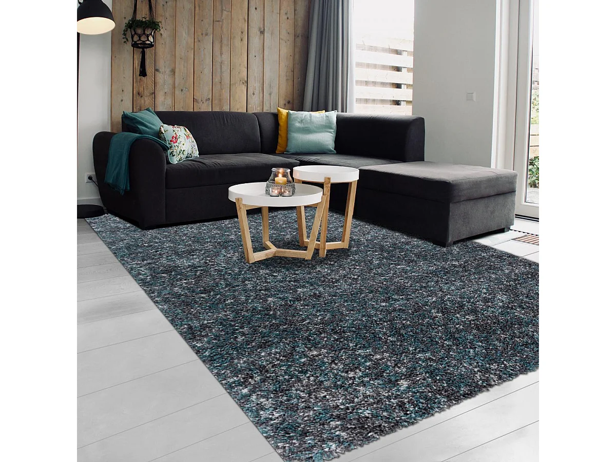 Tapis poils longs shaggy 60x110 rectangle tissé bleu motif faux uni UNI D