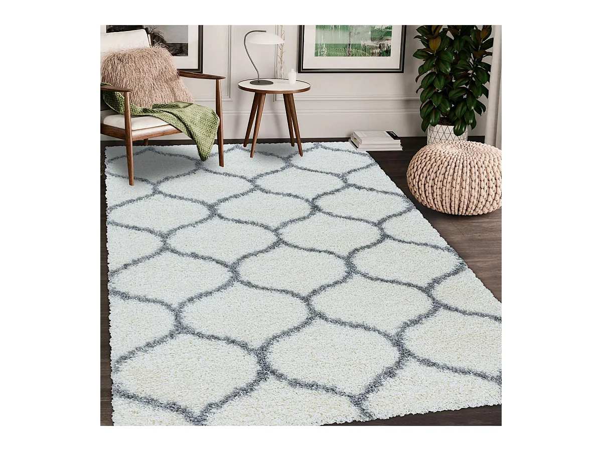 Tapis shaggy Ø200cm rond tissé crème motif scandinave SCANDINAV A