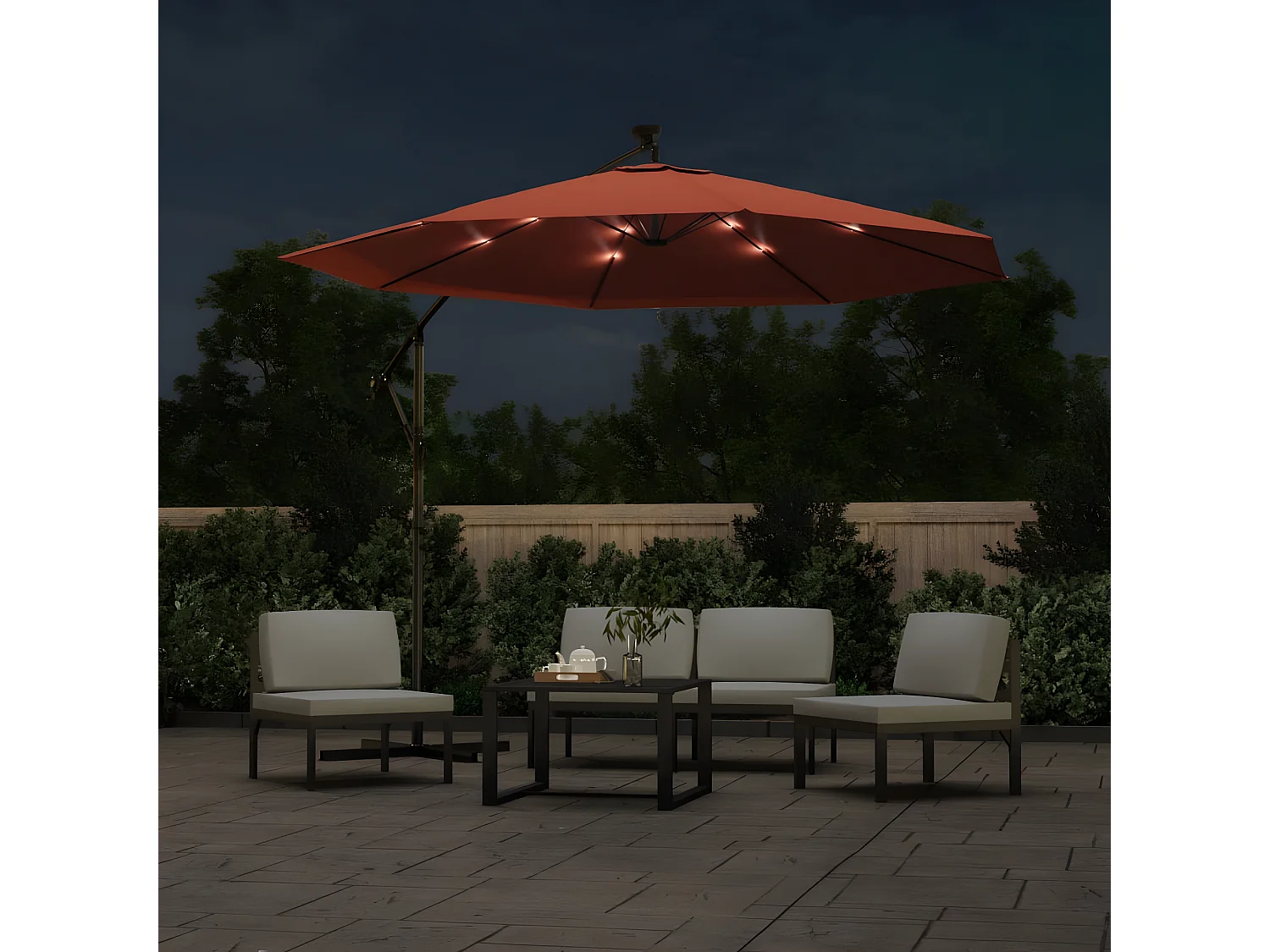 Parasol déporté à LED et mât en acier Terre cuite