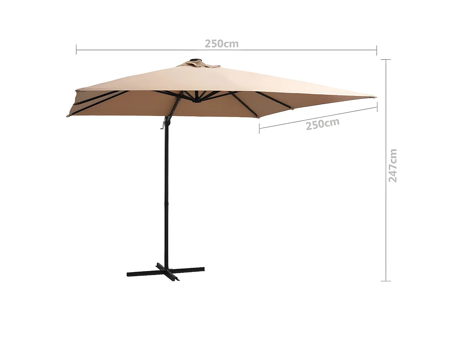 Parasol déporté avec LED et mât en acier 250x250 cm Taupe