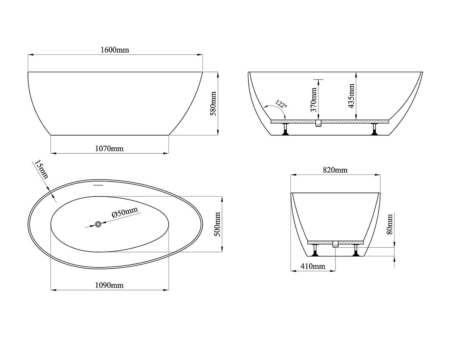 Bañera exenta asimétrica - 245 L - 160 x 82 x 58 cm - Negro mate - Acrílico - APULIA