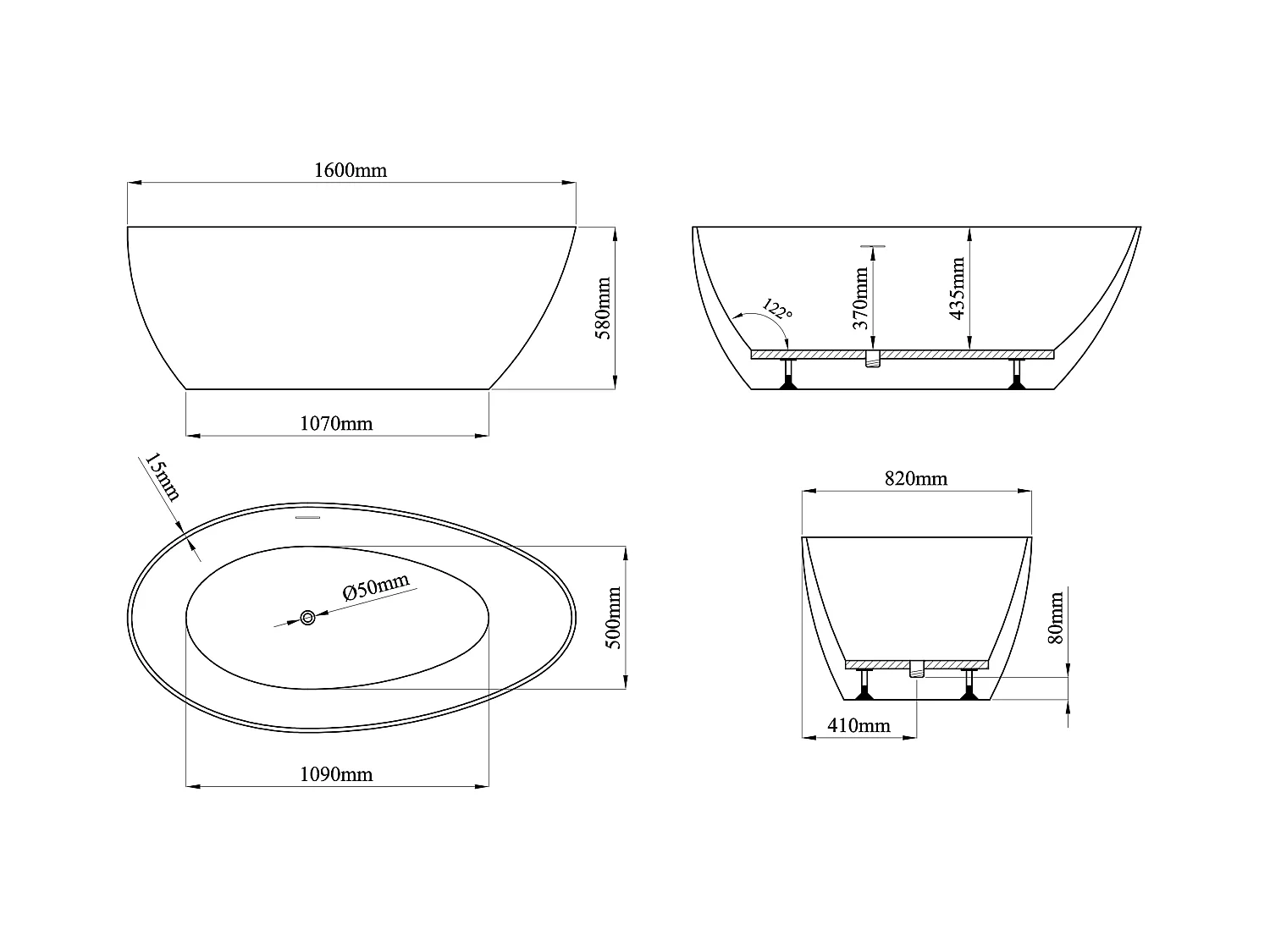 Asymmetrisch losstaand bad - 245L - 160 x 82 x 58 cm - Mat zwart - Acryl - APULIA