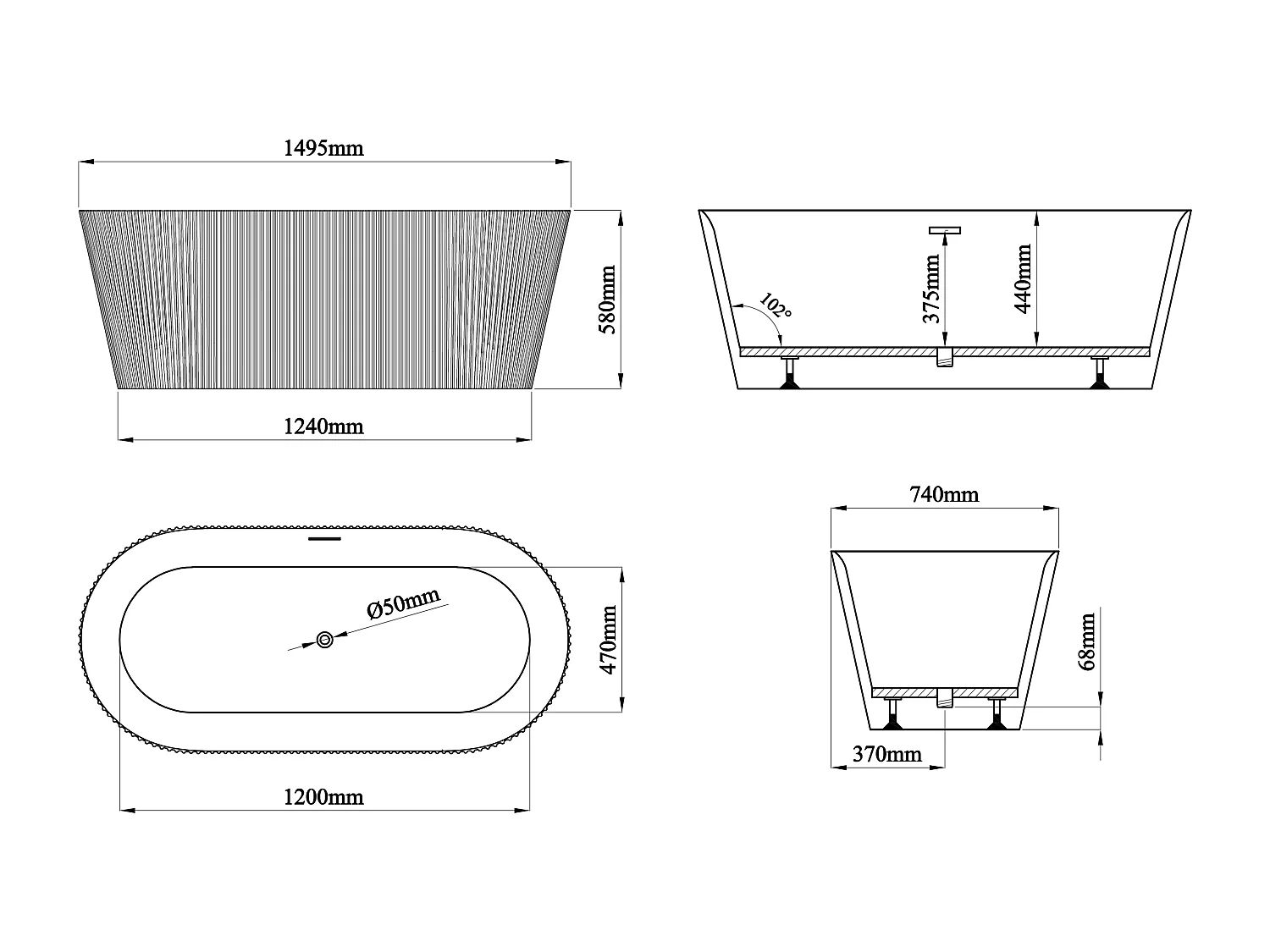 Bañera exenta - 255 L - 149 x 73 x 58 cm - Blanco mate - Acrílico - COBIANA