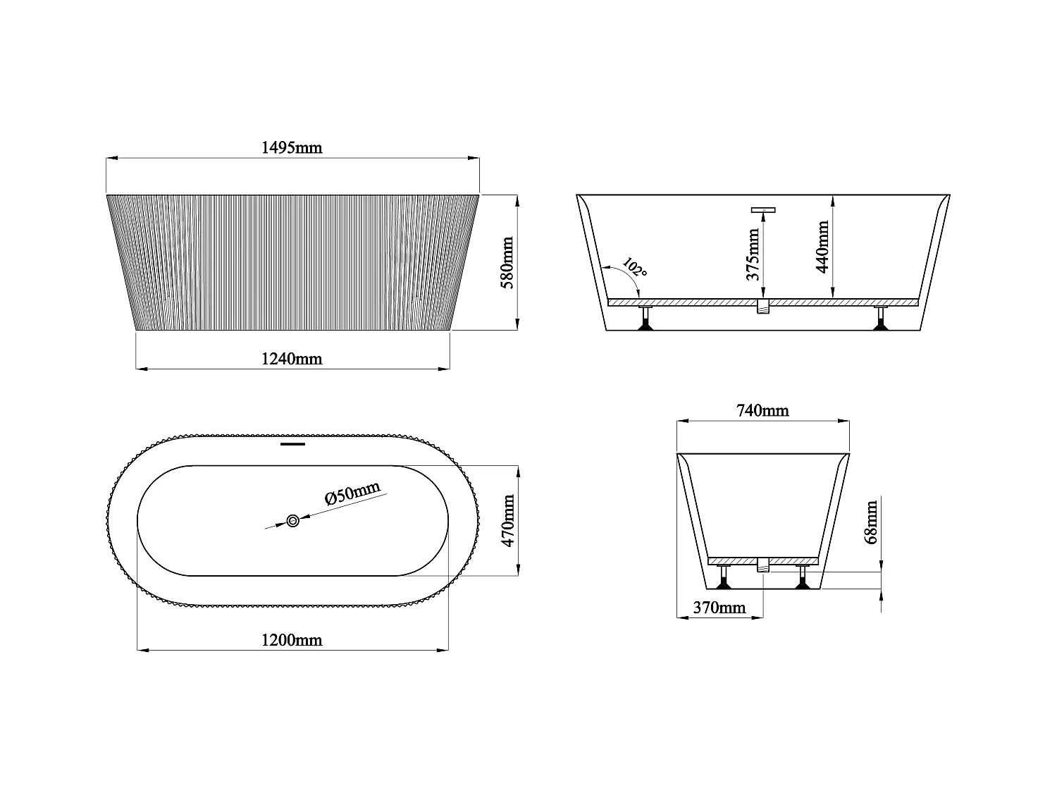 Freistehende Badewanne - gerippt - 255 L - 149 x 73 x 58 cm - Acryl - Grau matt - COBIANA