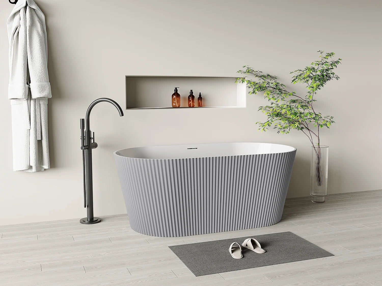 Baignoire îlot striée - 255 L - 149 x 73 x 58 cm - Gris mat - Acrylique - COBIANA