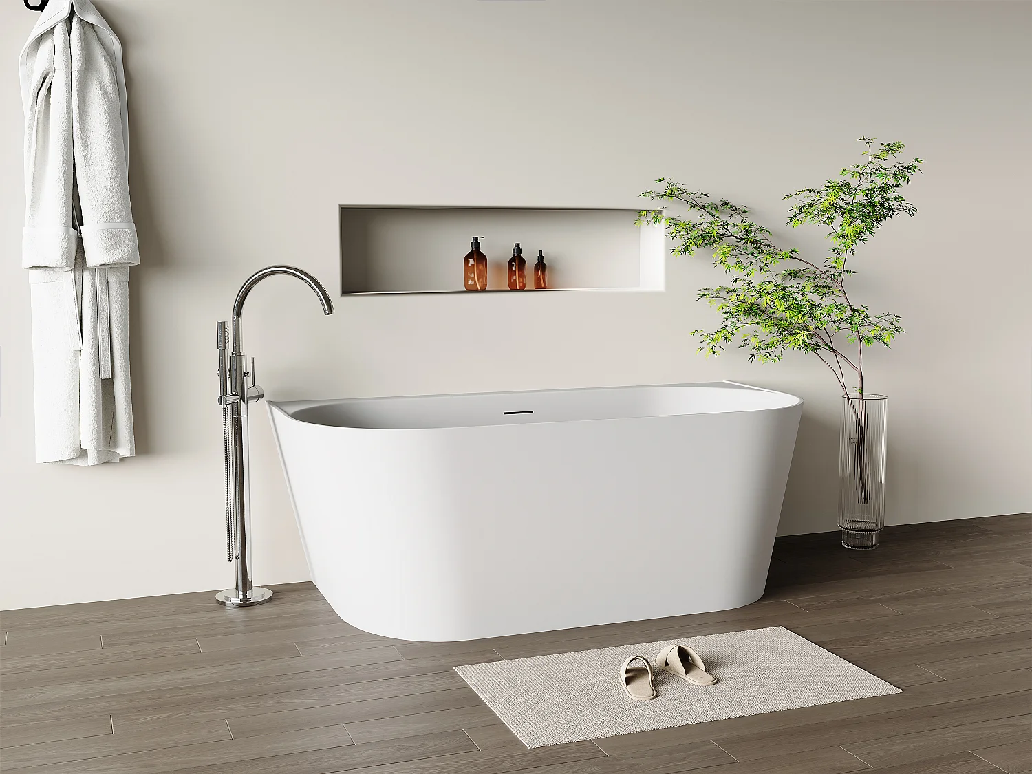 Baignoire semi îlot - 230 L - 160 x 75 x 58 cm - Blanc mat - Acrylique - AMOBIA