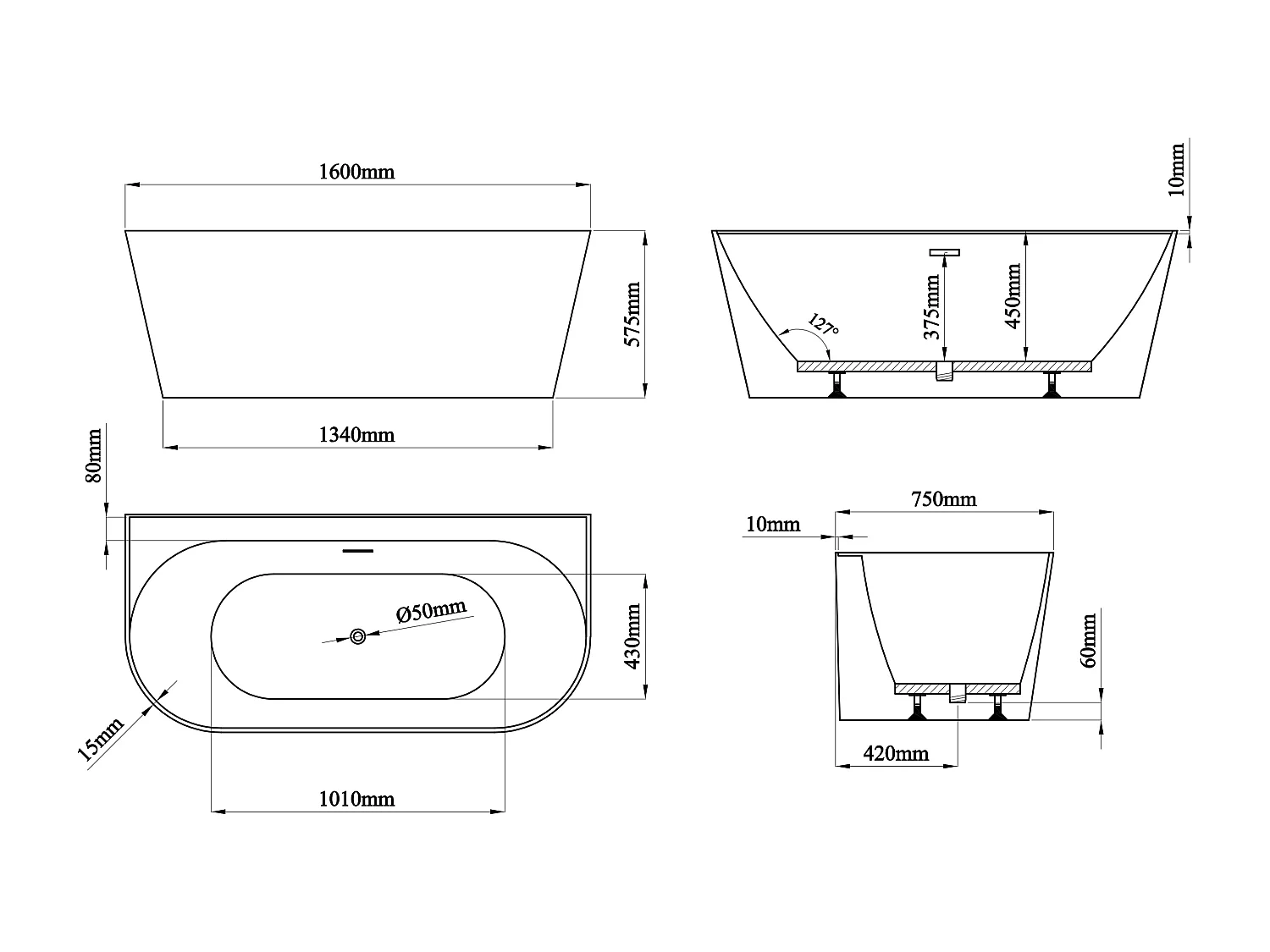 Baignoire semi îlot - 230 L - 160 x 75 x 58 cm - Blanc mat - Acrylique - AMOBIA