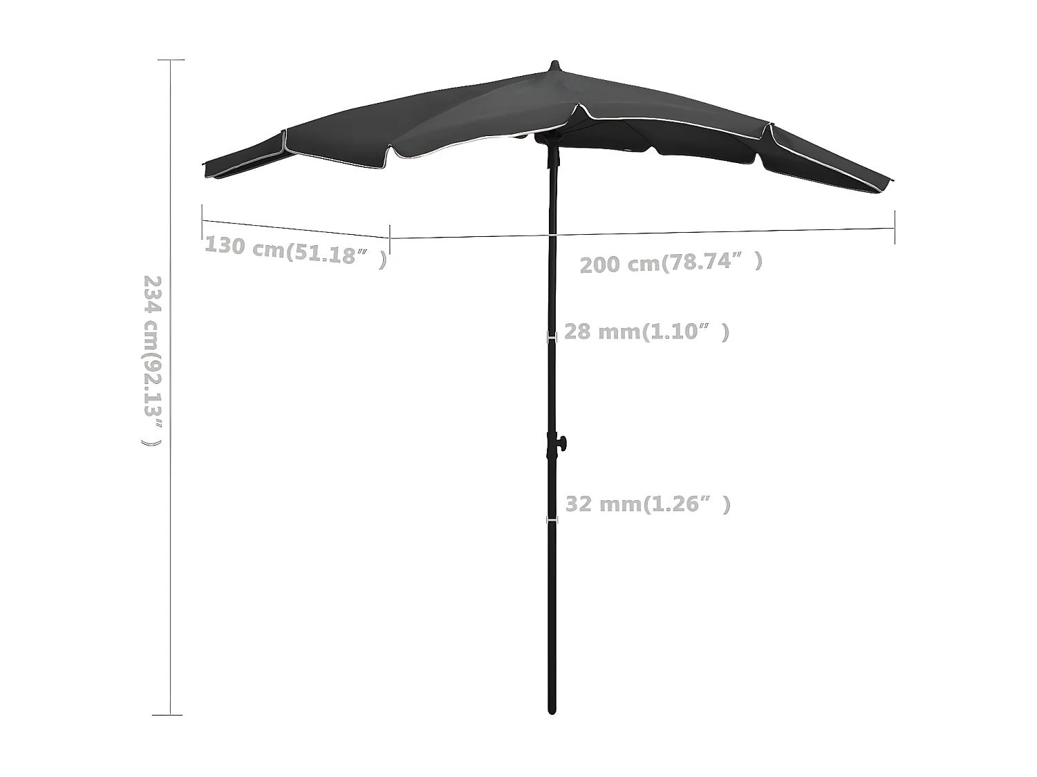 Parasol de jardin avec mât 200x130 cm Anthracite