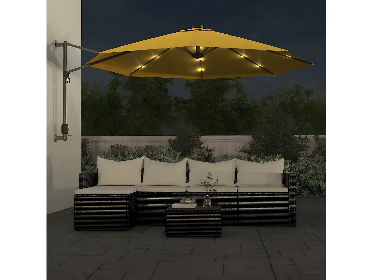 Guarda-sol de parede com luzes LED 290 cm amarelo