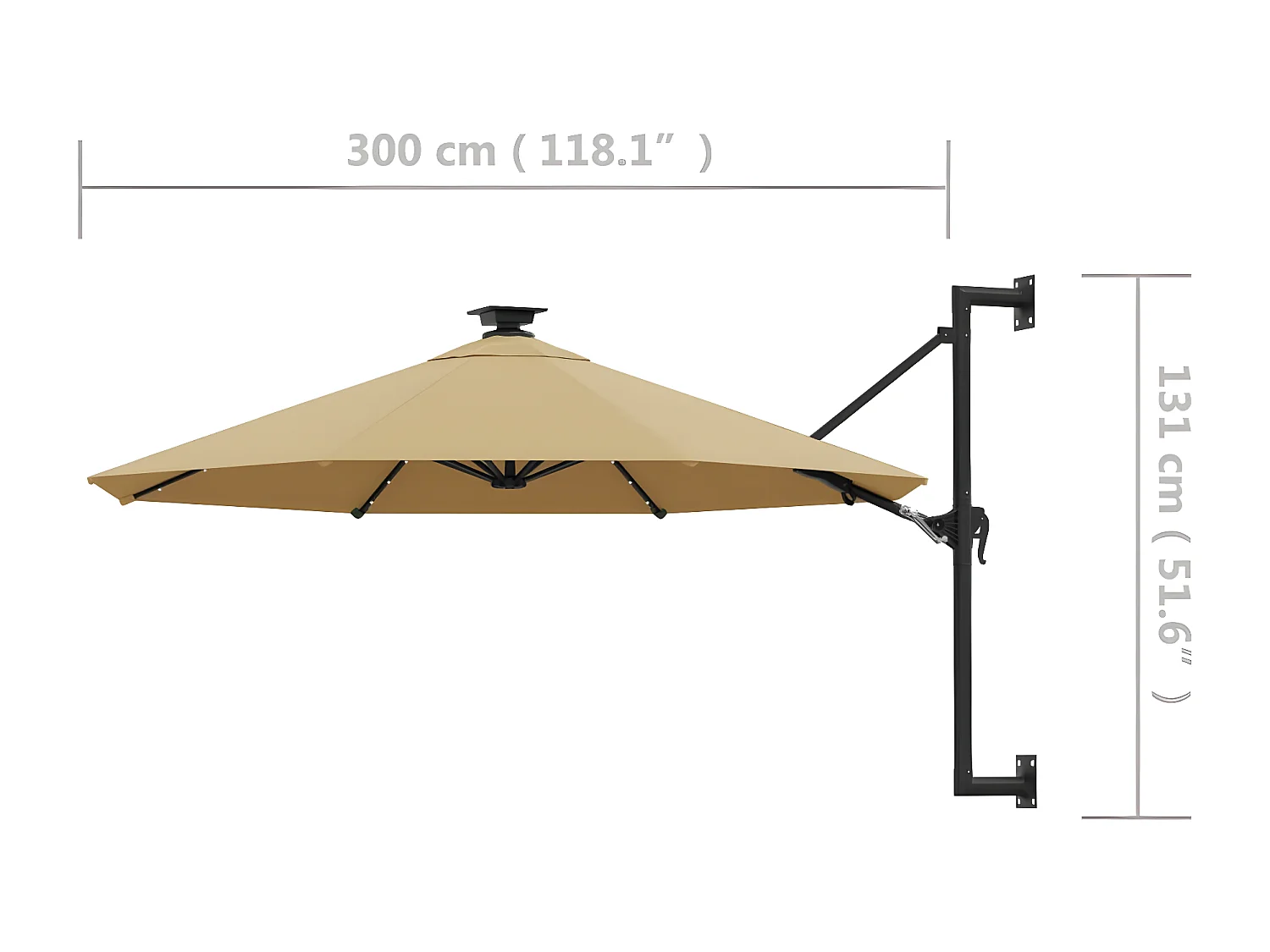 Parasol mural avec mât métallique et LED 300 cm Taupe