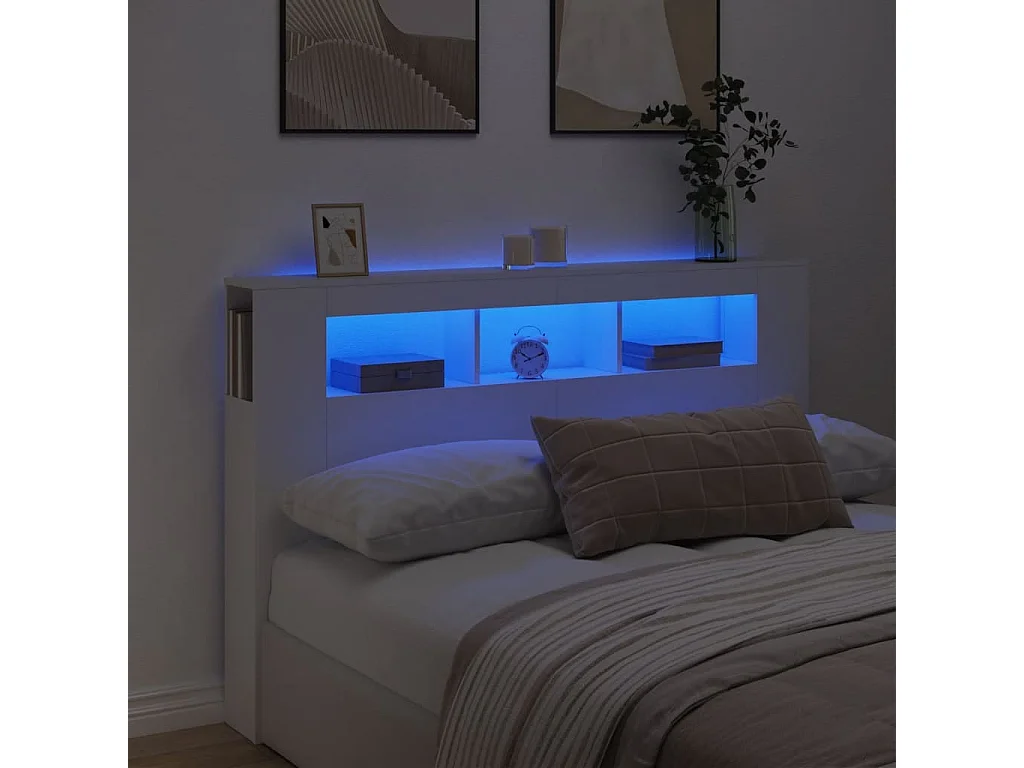 Tête de lit à LED blanc 160x18,5x103,5 cm bois d'ingénierie